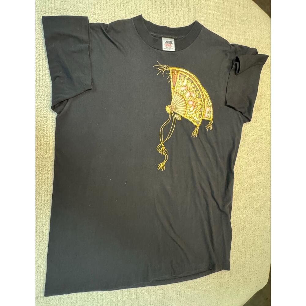 Vintage Oneita Power-T One Size/XL Black Gold Floral Fan SEE DESCRIPTION